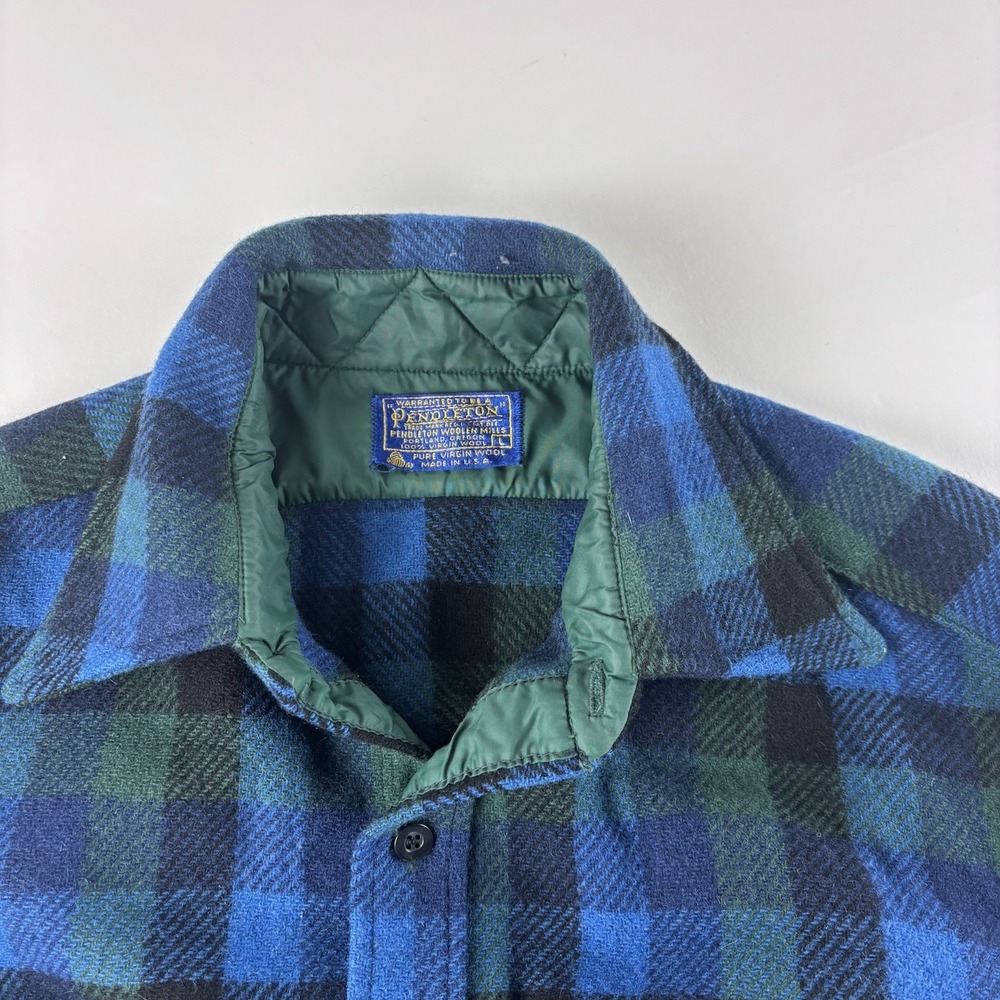 VTG Pendleton Shirt Mens Large Long Blue Green Plaid Flannel Wool Button USA 90s - Picture 4 of 8